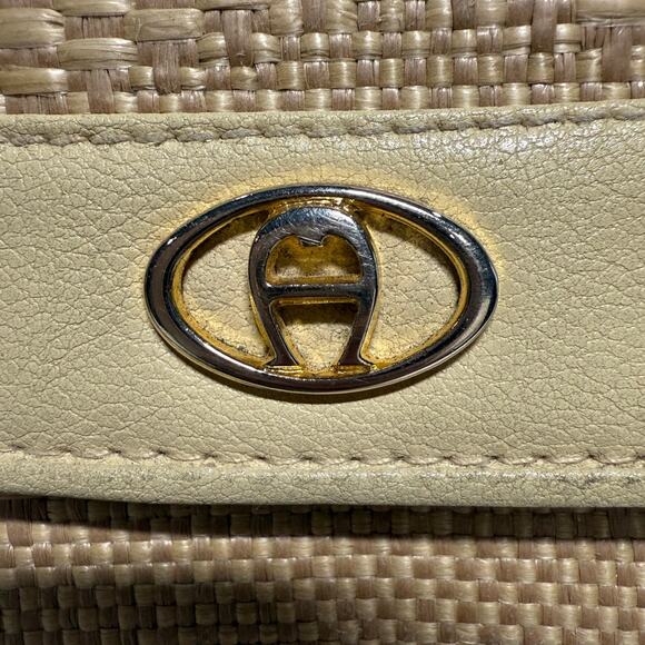 Etienne Aigner Woven Raffia Straw Trifold Wallet Women's Billfold Beige Cream - Picture 2 of 9